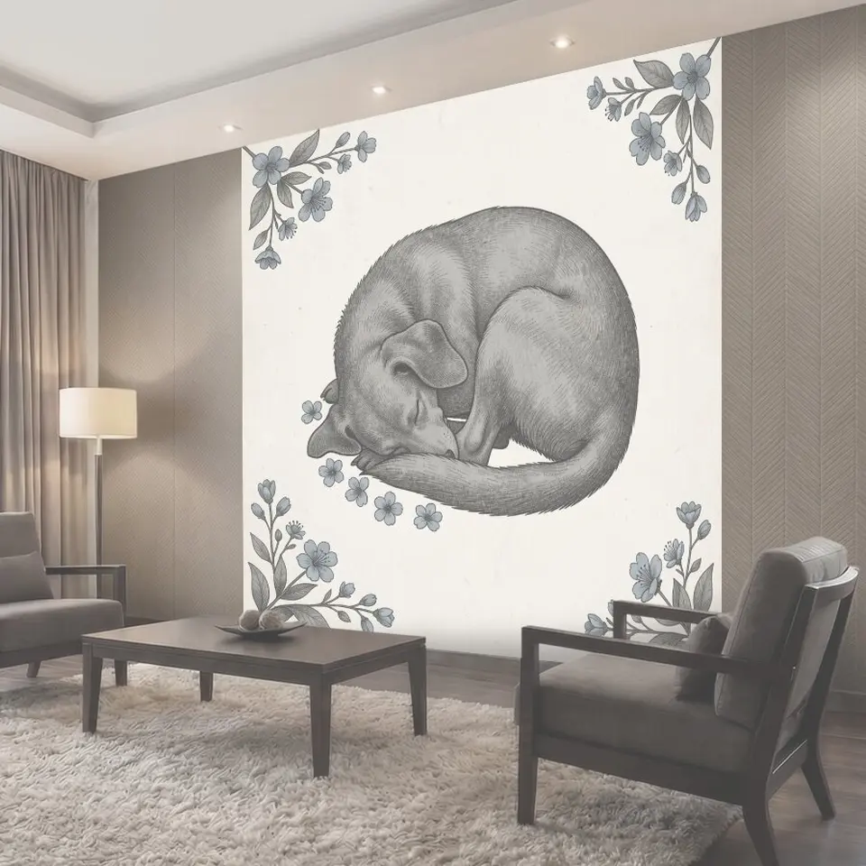Фотообои Спящая кошка с узорами цветов