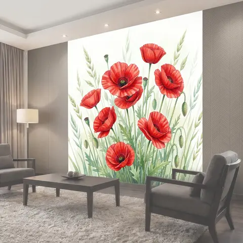 Фотообои Красные маки и зелёные травы