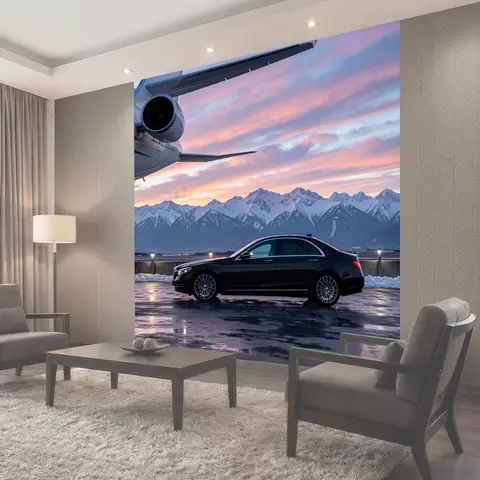Фотообои Черный седан у самолета
