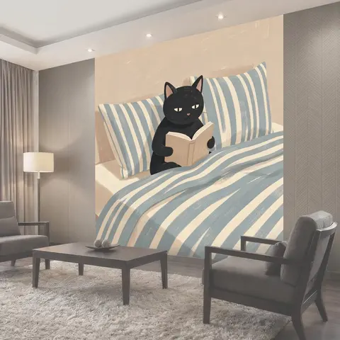 Фотообои Черный кот с книгой в постели