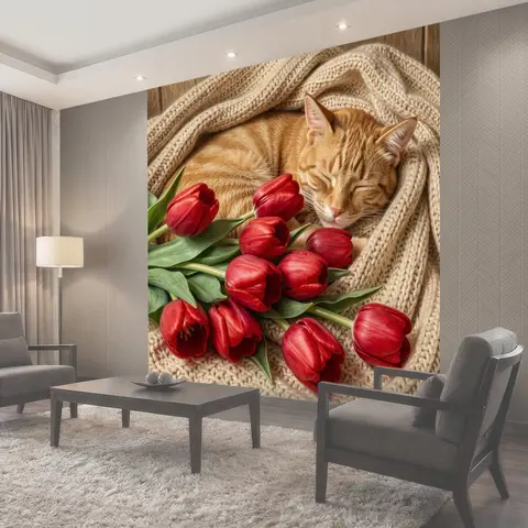 Фотообои Спящий рыжий кот с тюльпанами