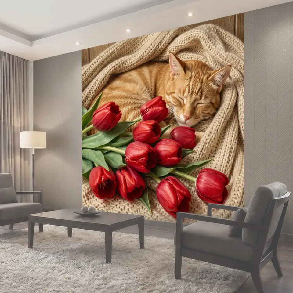 Фотообои Спящий рыжий кот с тюльпанами