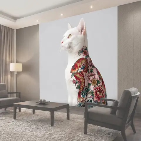 Фотообои Белый кот с японской татуировкой