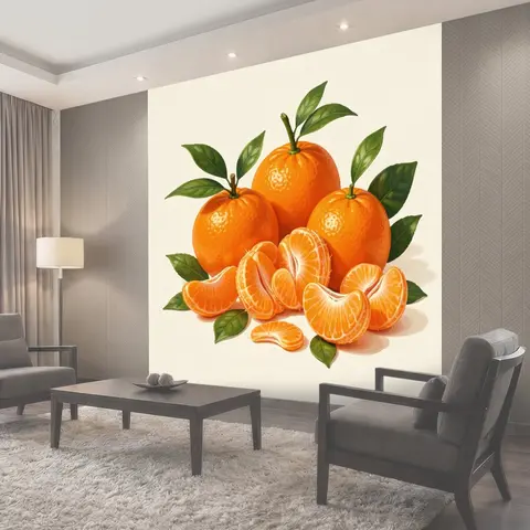 Фотообои Апельсины и дольки с листьями