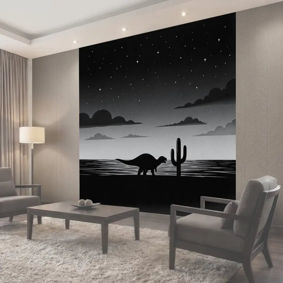 Фотообои Ночной силуэт динозавра и кактуса