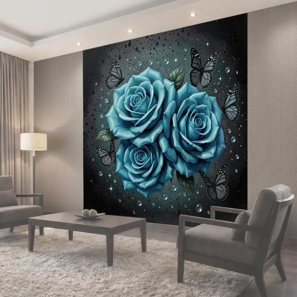 Фотообои Бирюзовые розы и ночные бабочки