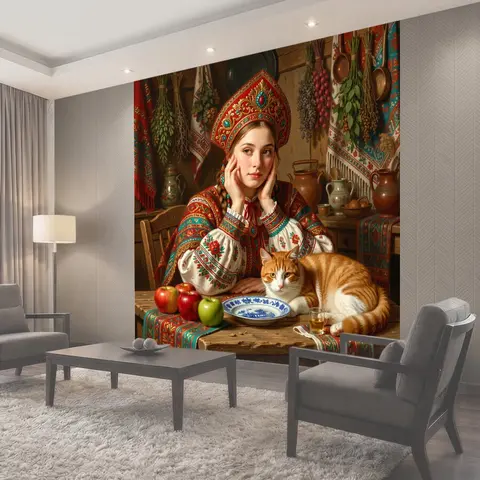 Фотообои Девушка в русском народном костюме с котом