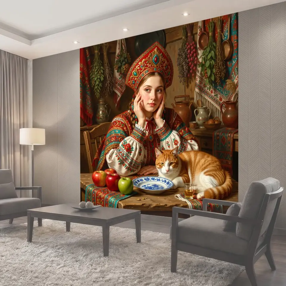 Фотообои Девушка в русском народном костюме с котом