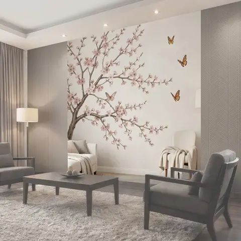 Фотообои Цветущая сакура с бабочками