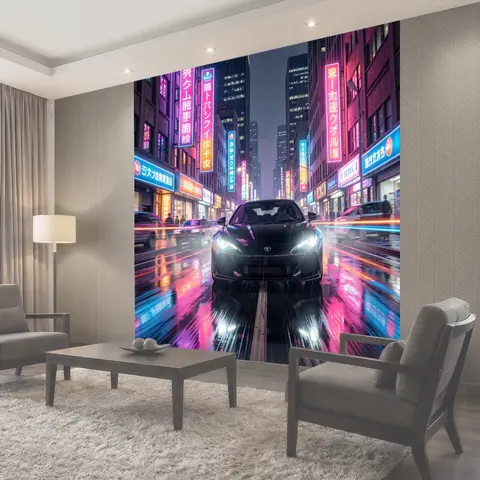 Фотообои Спортивный автомобиль в неоновой улице