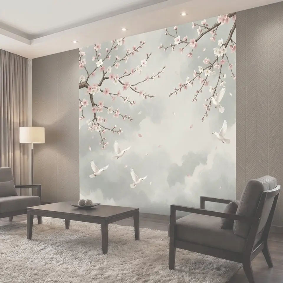 Фотообои Цветущая сакура и белые птицы
