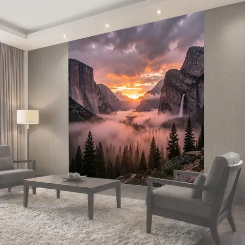 Фотообои Горная долина в закатном тумане