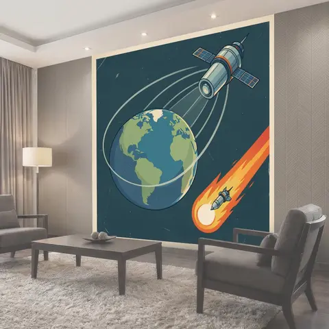 Фотообои Земля, спутник и метеорит