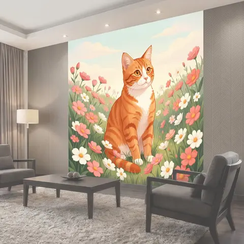 Фотообои Рыжий кот среди цветов