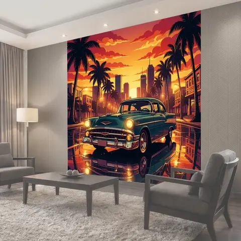 Фотообои Ретро автомобиль в тропическом городе