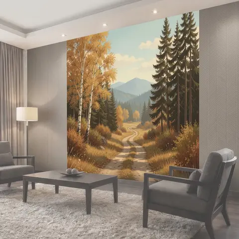 Фотообои Осенняя лесная дорога к горам