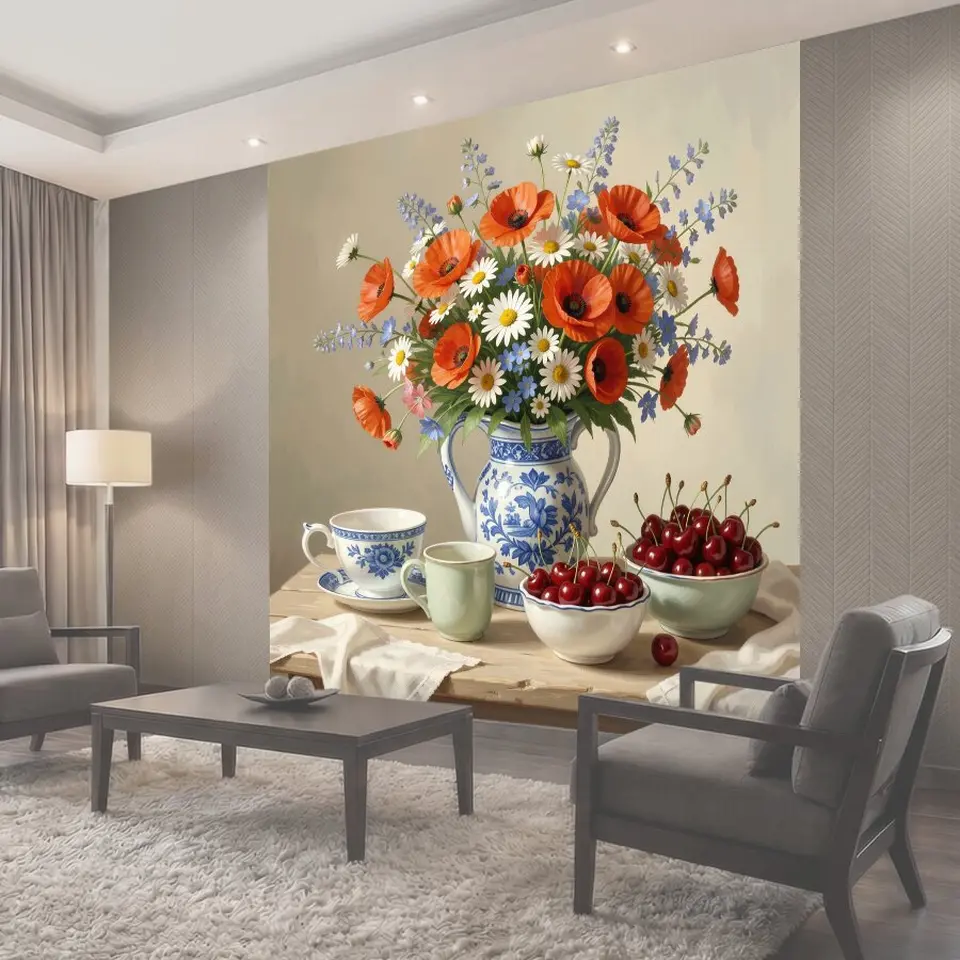 Фотообои Букет полевых цветов и черешня
