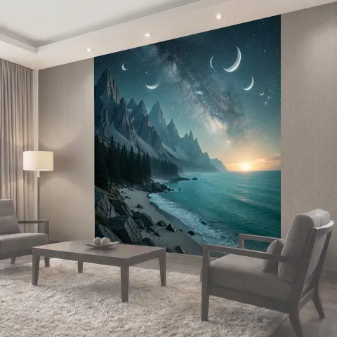 Фотообои Ночное побережье с горами и луной
