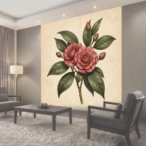 Фотообои Розовые камелии с зелёными листьями