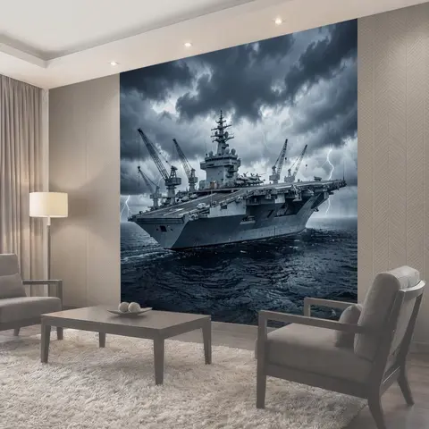 Фотообои Военный авианосец в грозовом море