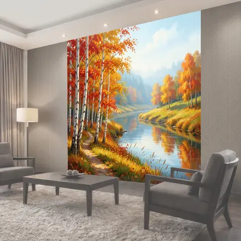 Фотообои Осенний берег реки с березами