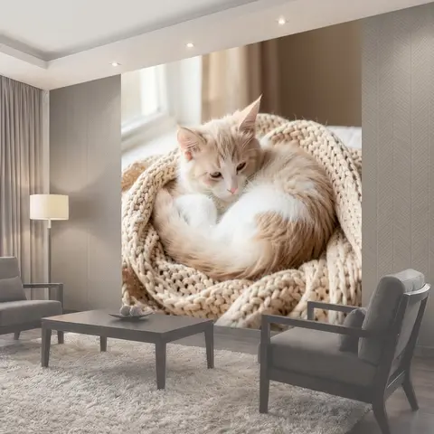 Фотообои Кремовый котёнок в вязаном пледе