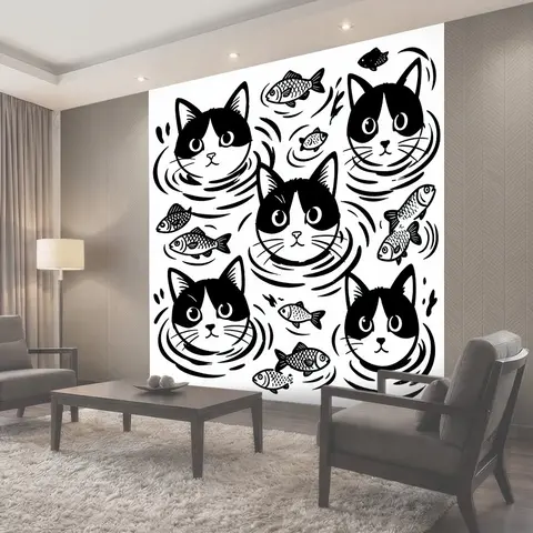 Фотообои Черно-белые коты и рыбы