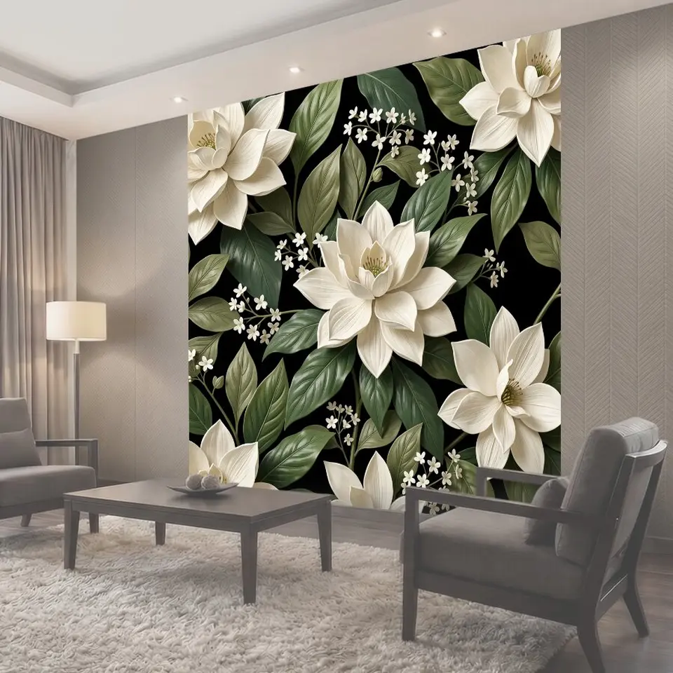 Фотообои Белые магнолии и зеленые листья