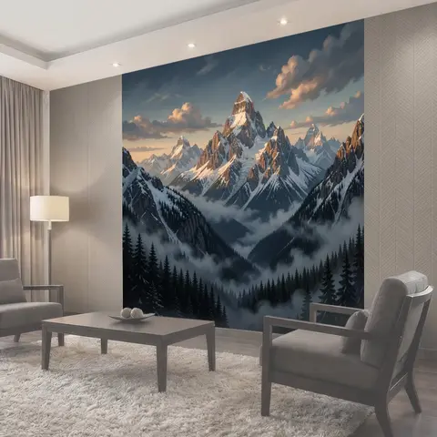 Фотообои Заснеженные горные вершины в тумане