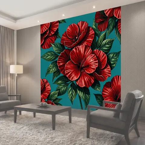 Фотообои Красные маки на бирюзовом фоне