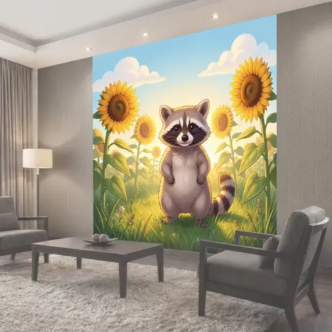 Фотообои Милый енот среди подсолнухов