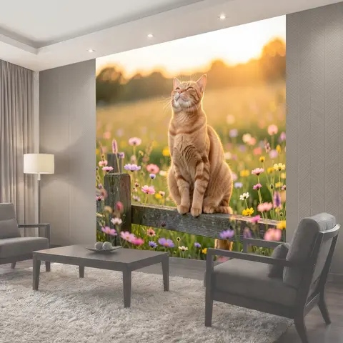 Фотообои Рыжий кот в цветочном поле