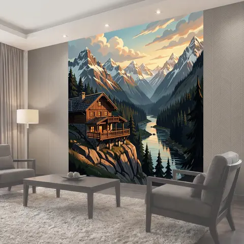 Фотообои Альпийский дом среди гор