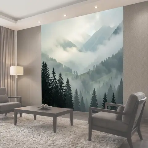 Фотообои Туманные горы и еловый лес
