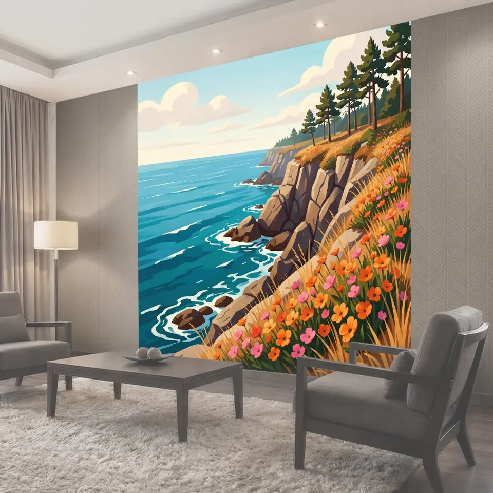 Фотообои Скалы у синего моря с цветами