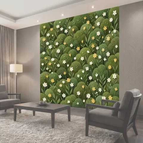 Фотообои Луговые цветы среди зелёных кустов