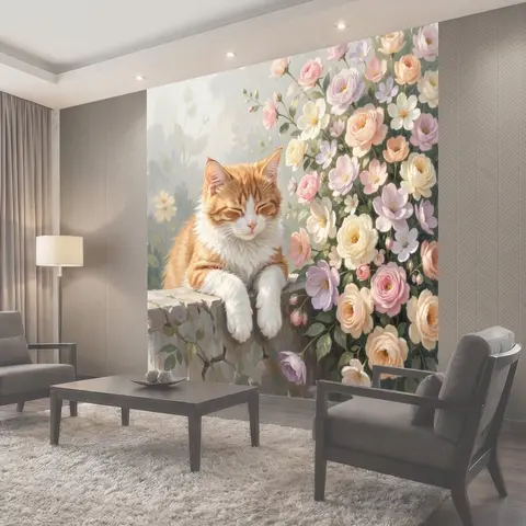 Фотообои Рыжий кот у цветущих роз