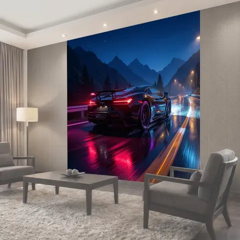 Фотообои Спортивный автомобиль на ночной трассе