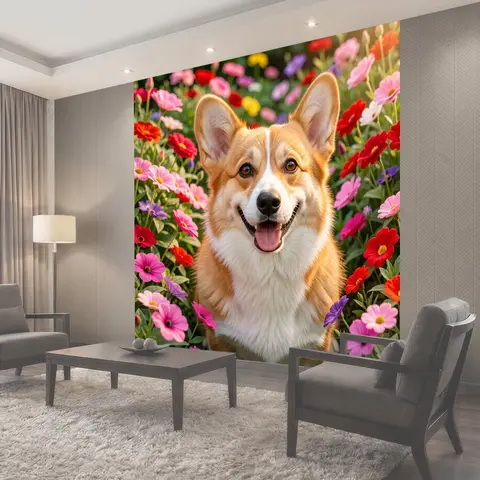 Фотообои Улыбающийся корги среди цветов