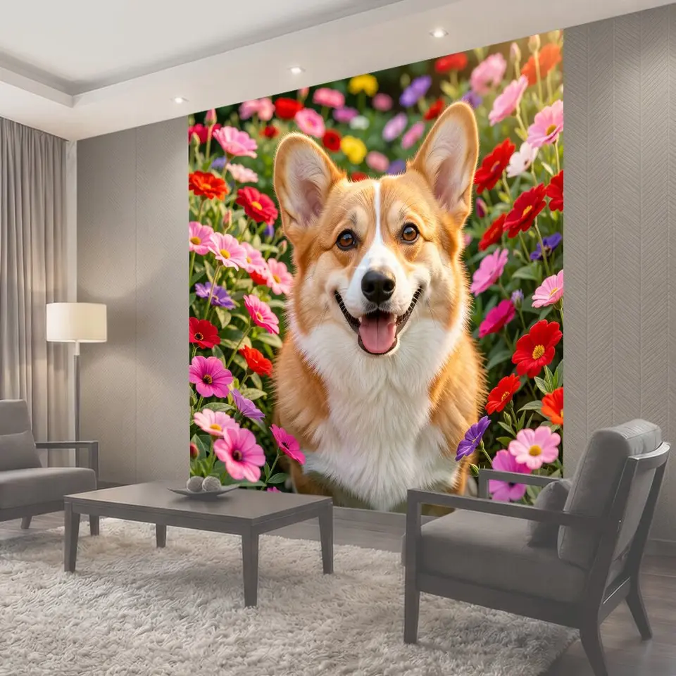 Фотообои Улыбающийся корги среди цветов