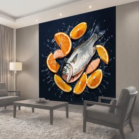 Фотообои Рыба с цитрусами и брызгами