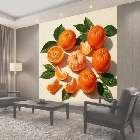 Фотообои Спелые мандарины с зелеными листьями