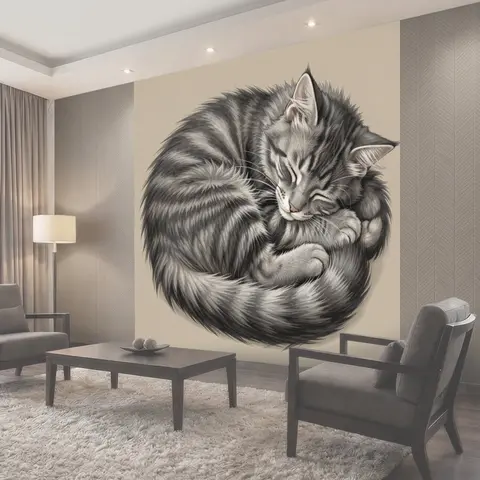 Фотообои Сонная кошка клубком