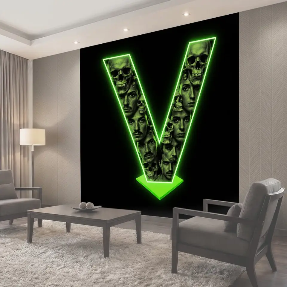 Фотообои Неоновая буква V с черепами