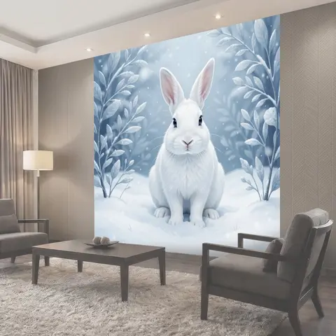 Фотообои Белый кролик в зимнем лесу