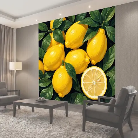 Фотообои Спелые лимоны с зелеными листьями