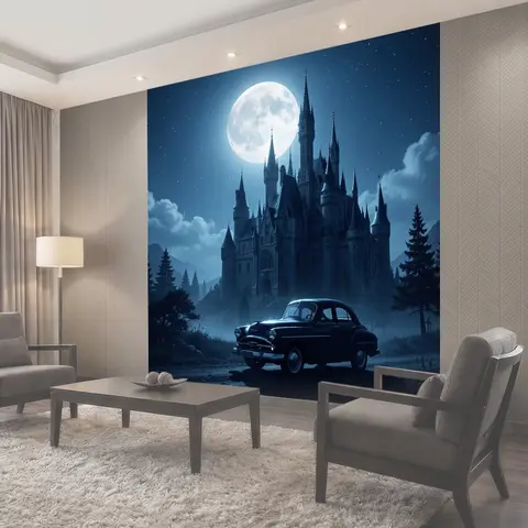 Фотообои Ночной замок и луна с авто