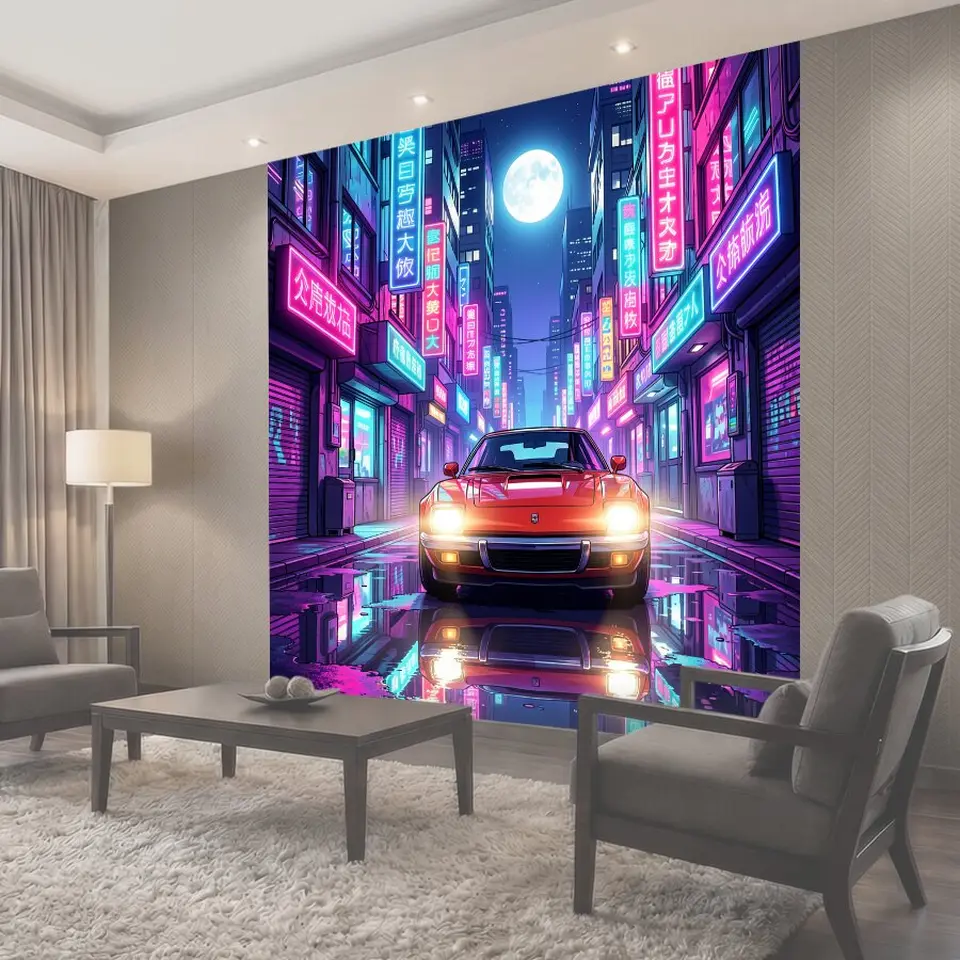 Фотообои Ночной неоновый город с автомобилем