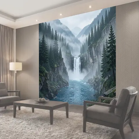 Фотообои Горный водопад в тумане