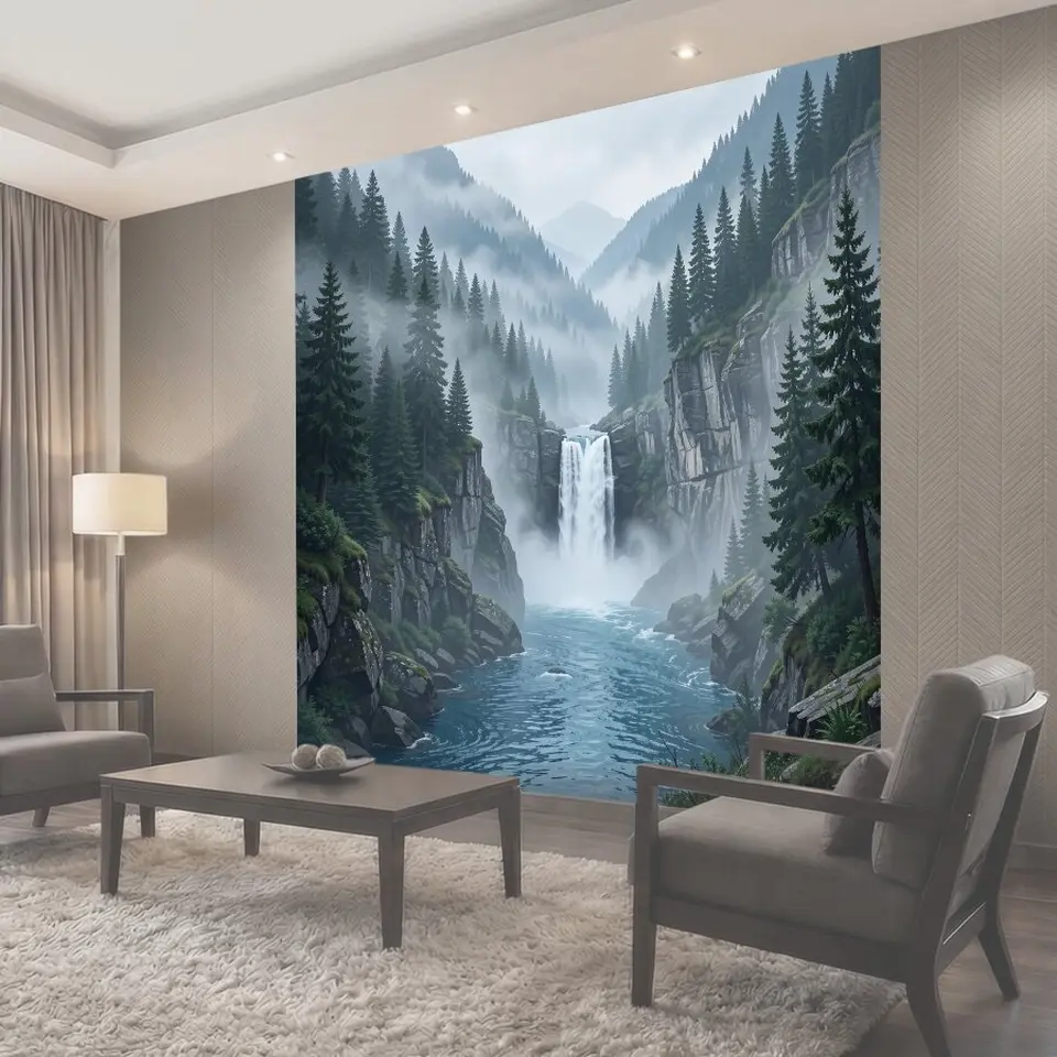 Фотообои Горный водопад в тумане